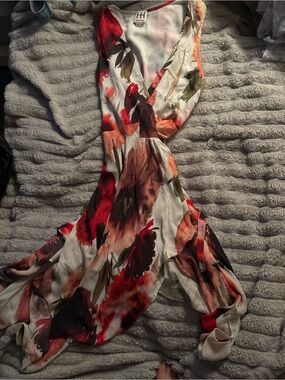 Haute Hippie White Floral High-Low Dress with Red & Coral Blooms